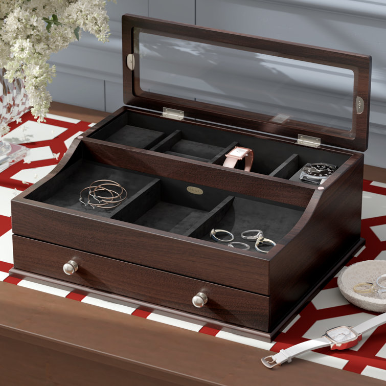 Charlton Home® Men's Glass Top Wooden Dresser Top Valet Jewelry Box